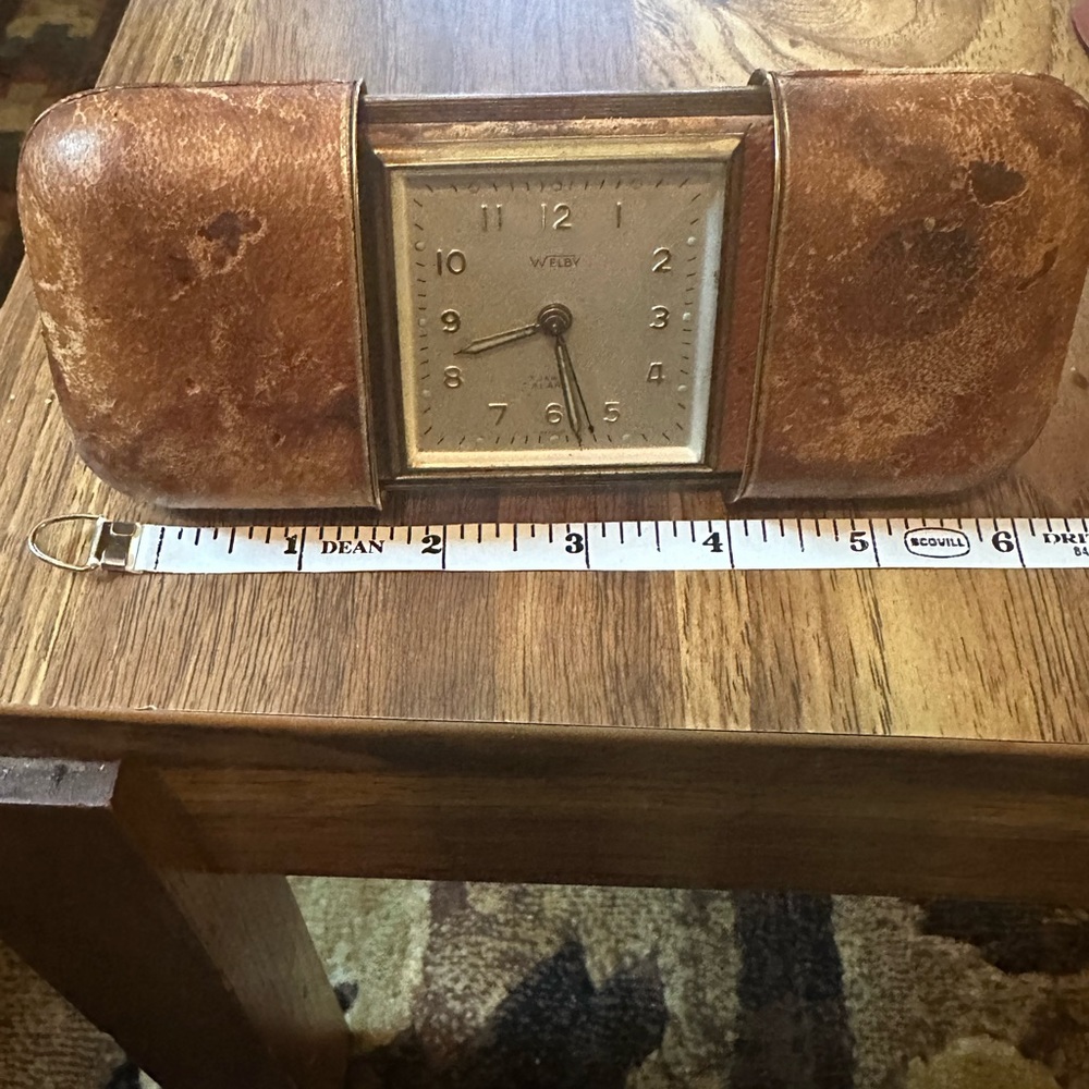 WELBY (Large) 7 JEWEL TRAVEL ALARM CLOCK LEATHER SLIDING CASE US ZONE GERMANY.